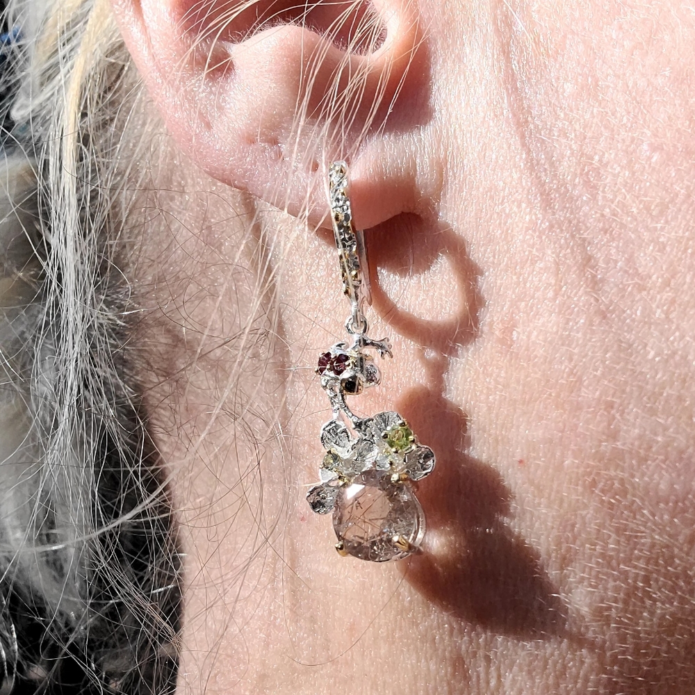 Stunning Rutilated Quartz Peridot Ruby& Sapphire Floral chandelier earrings - Picture 10 of 13